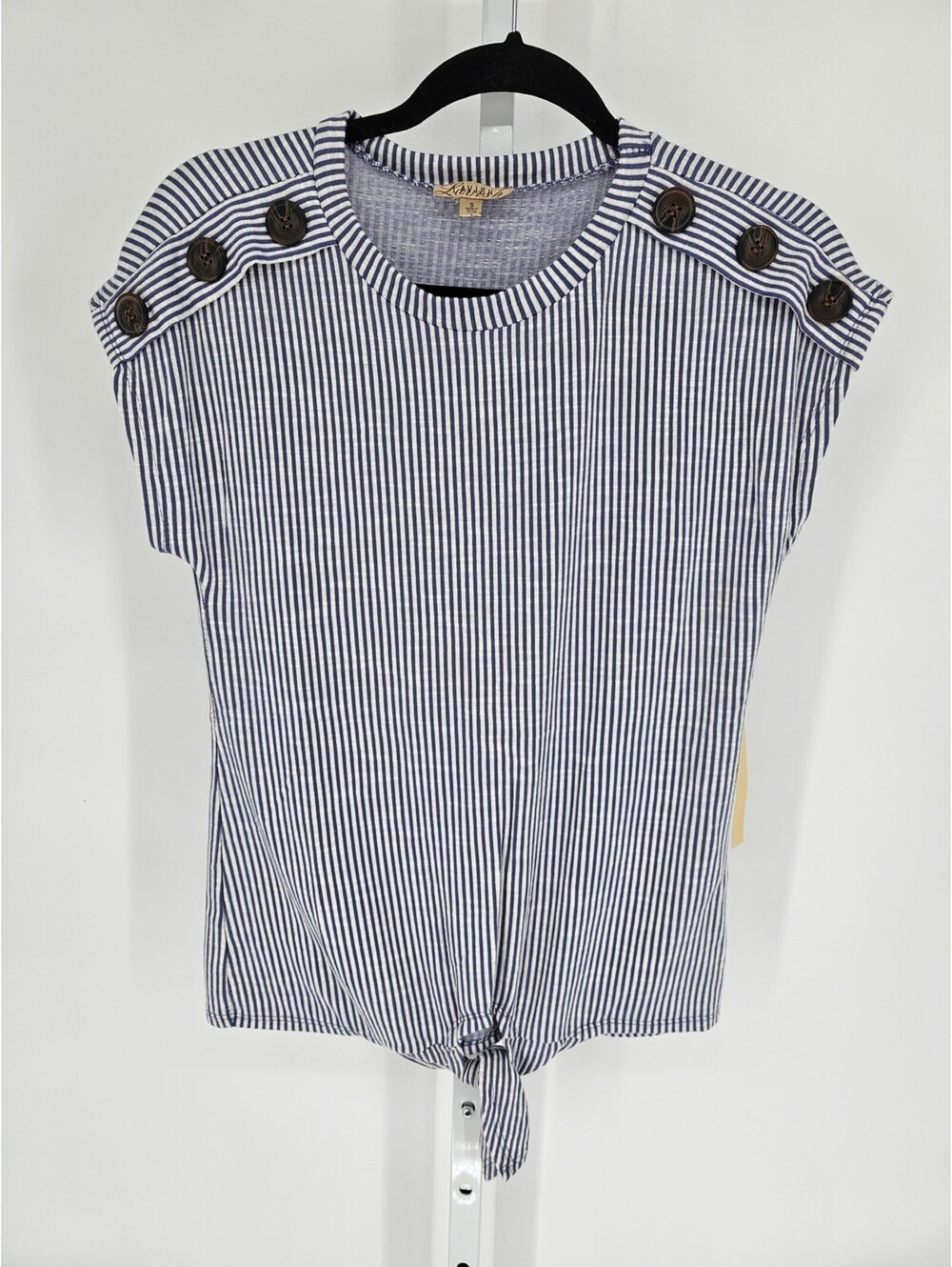 NWT Lavish Women's Blue-White Striped Knot-Front Cap Sleeve Top Size S